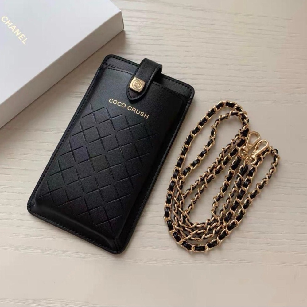 CHANEL Black Quilted Case with Gold Chain